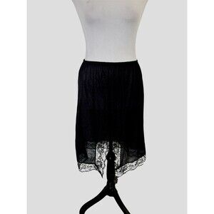 Vintage Black Nylon Sliperfection Slip Lace Hem Slit Front Whimsigoth Witchy L